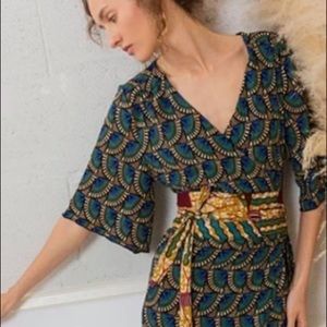 Beautiful peacock wrap dress from Silk and Salt.